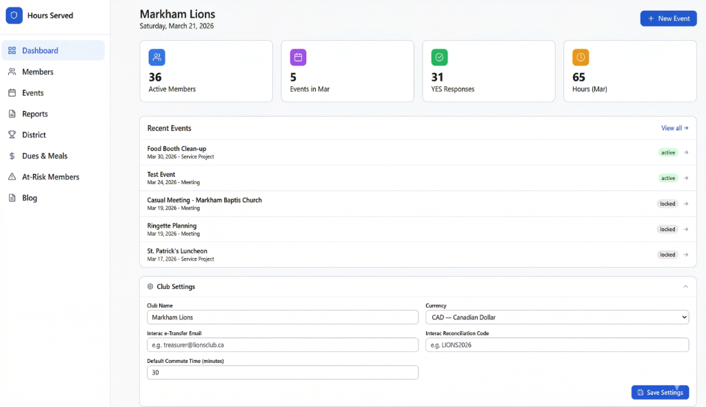 Officer dashboard showing member count, events, service hours, attendance rate, and recent activity.