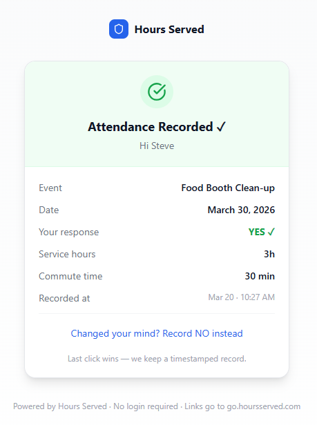 Confirmation screen showing attendance recorded and service hours logged automatically.