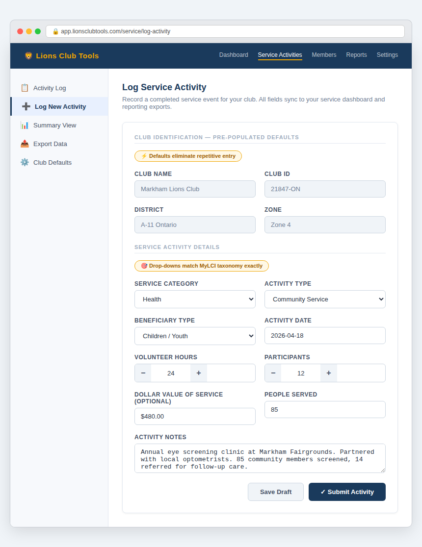Service Activity Entry Form showing pre-populated club defaults and Lion Portal-matched drop-downs
